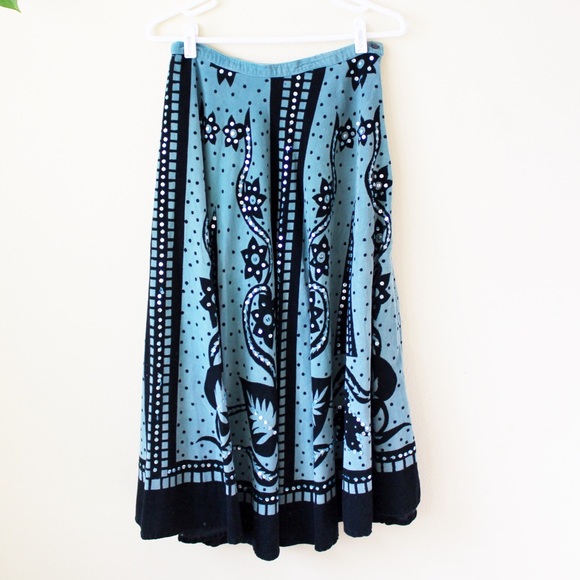 70s Corduroy Sequin Circle Skirt Vintage Fine Wale Thin Corduroy Baby Blue Boho - Picture 3 of 5